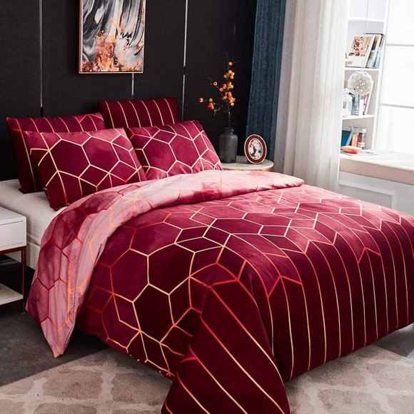 ✧Geometric Diamond Line Duvet Cover Set with Shams - Picture 1 of 7